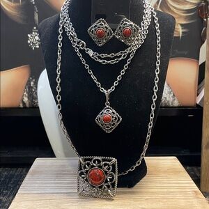Sarah Coventry Silver and Red Necklace Set